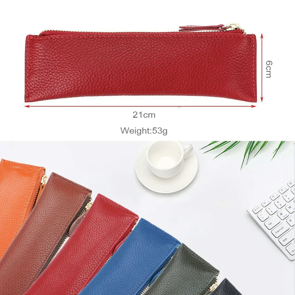 Aichashi BACK TO SCHOOL Natural Leather Zipper Pen Pencil Case Bag Pebbled Grain Leather Creative School Stationary Large Capacity Accessories Pen Pouch