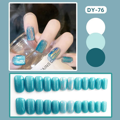 Aichashi 24pcs Cat Eye False Nail Deep Blue Color Fake Nail Tips Full Cover Nail Art Long Coffin Ballet Press on Nail Manicure Nail Tips