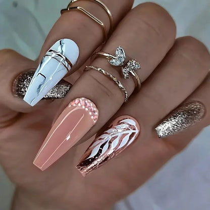 Aichashi 24Pcs Wearable False Nails with Cream Glue Extra Long Coffin Fake Nails with Rhinestone Removable Pink French Press on Nails Tip