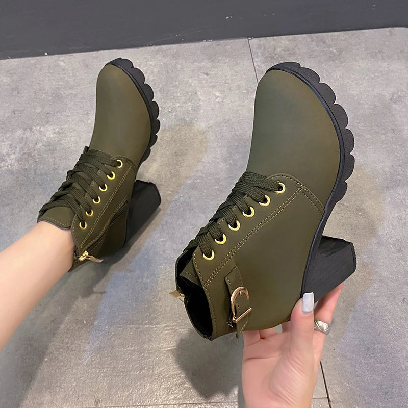 Aichashi New Spring Winter Women Pumps Boots High Quality Lace-up European Ladies Shoes PU High Heels Boots Fast Delivery Platform Boots