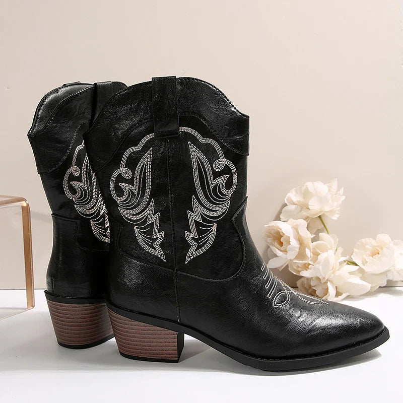 Aichashi Black Embroidery Western Cowboy Boots Women Plus Size Thick Heels Ankle Boots Woman Pointed Toe Slip On Short Booties