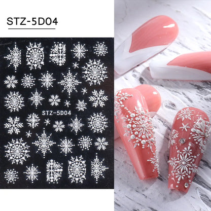 5D Snowflake Embossed Nail Sticker White Elk Tree Carved Santa Claus Christmas Nail Glitter Slider  Winter Nail Accessories