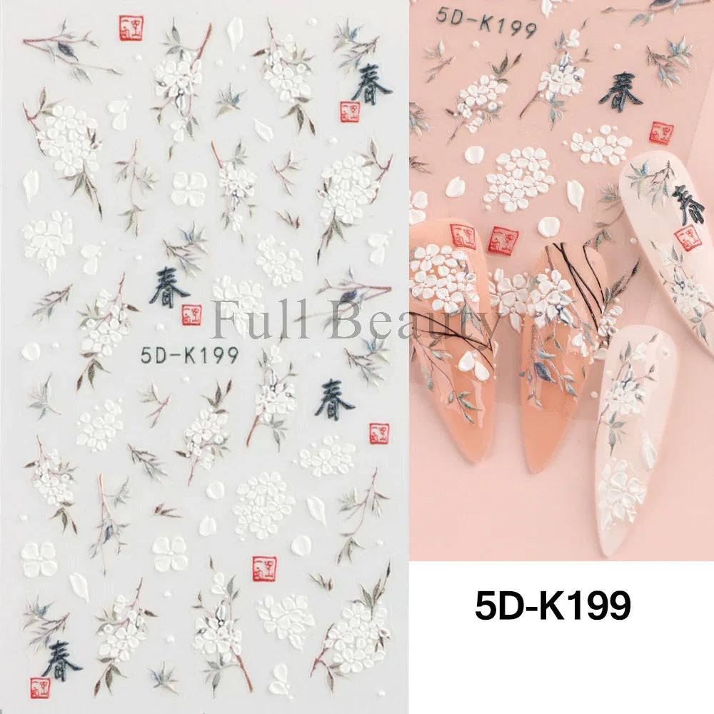 Aichashi 5D Embossed Nail Stickers Flowers Bird Geometric Lines Gold Frame Floral Nail Decals Cherry Blossom Y2K Manicure Decor