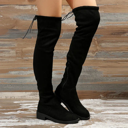 Aichashi Fashion Slim Over The Knee Boots Women Autumn Winter Short Plush Long Boots Woman Black Flock Low Heel Thigh High Botas Big Size