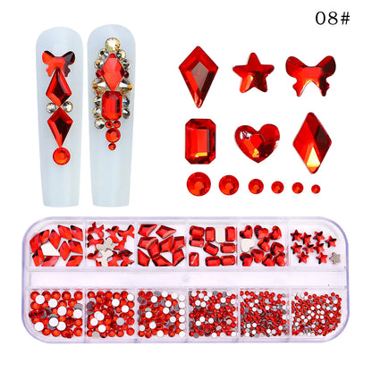 12Gird/Box Colorful Multi Shapes Hotfix Flatback Glass Diamonds 3D DIY Glitter Nail Art Rhinestones Luxurious Decorations