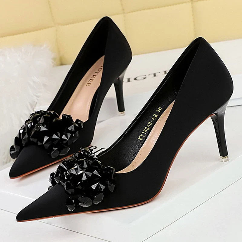 aichashi  -  Shoes Gemstone Bowknot Women Pumps Silks Satins High Heels Sexy Party Shoes Fashion Stilettos Wedding Shoes Stilettos