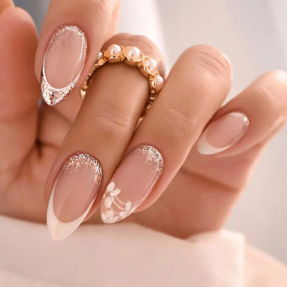 Aichashi 24Pcs Almond French Fake Nails with Glue Simple Oval False Nails Press on Nails Wearable Finished DIY Full Cover artificial Nail