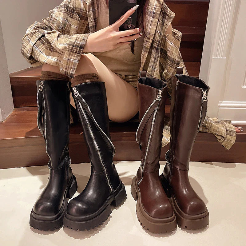 aichashi  -  Street Style Women Modern Boots Fashion Belt Buckle Knee High Booties Autumn Winter Women's Shoes