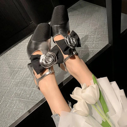 aichashi  -  Camellia and Bow-Knot Detail Round Toe Hollow Block Heels Sandals Patchwork Slingback Buckle Designer Women's Pumps Party Summer