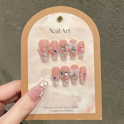 Aichashi 10Pcs Handmade Press On Nails Pink Fake Nails 3D Love Heart Moon Butterfly Rhinestone Design Y2k False Nail Full Cover Nail Tips