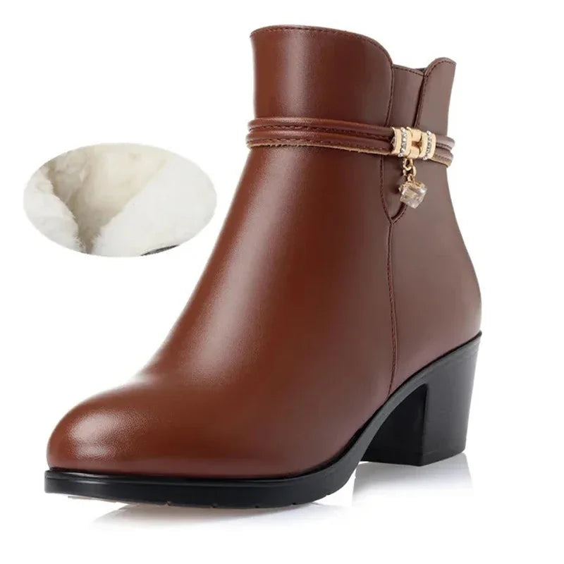 Aichashi New Fashion Soft Leather Ankle Boot High Heels Zipper Shoe Warm Fur Winter Boots Female Women Shoes Plus Size 43