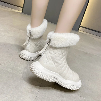 aichashi  -  Hairy Mouth Snow Boots Women's New Winter Round Head Inner Heightened Rear Zipper Short Boots Plush Keep Warm Cotton Boots