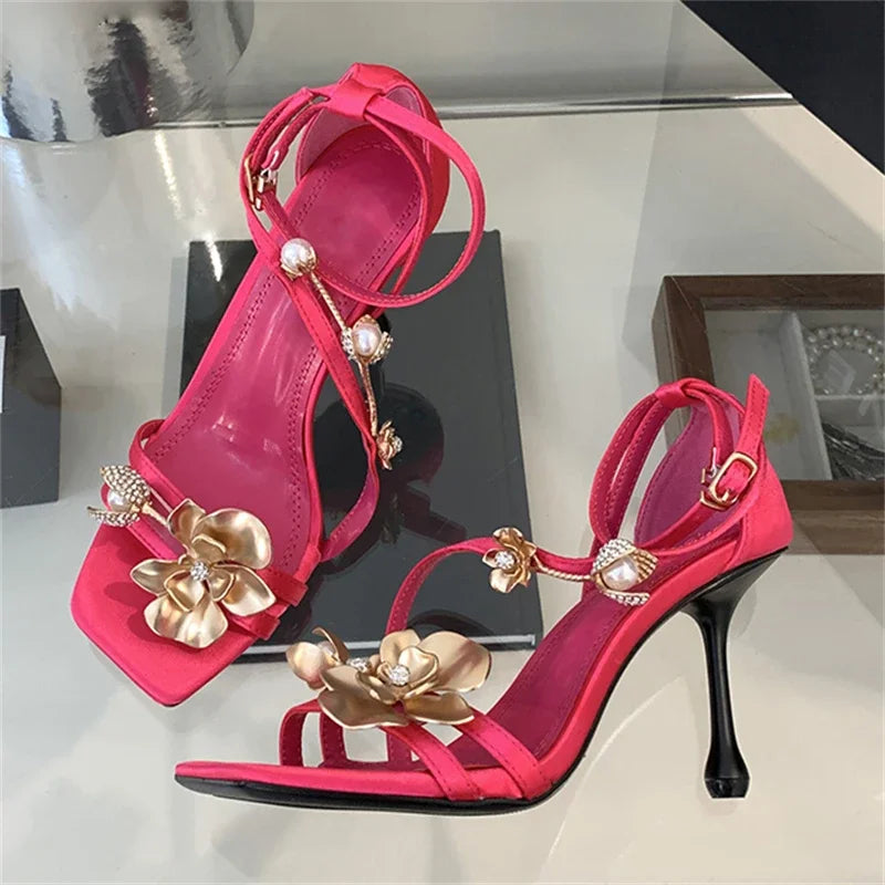 aichashi  -  Luxury Metallic Flower Design Thin High Heels Women Sandals Sexy Open Toe Buckle Strap Stripper Banquet Shoe Elegant Women Pumps