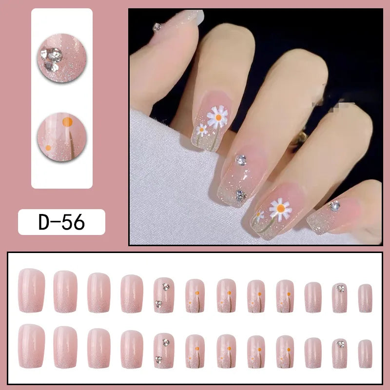 Aichashi 24pcs French Point Diamond Fake Nails Wearing Artificial Square Head Press On Acrylic Nail Art Pearl Patch Almond False Nails