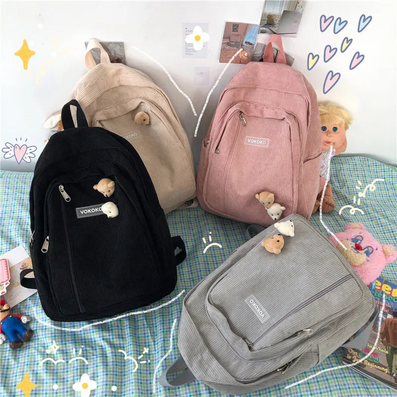 Aichashi BACK TO SCHOOL Stripe Cute Corduroy Woman Backpack Schoolbag For Teenage Girls Boys Luxury Harajuku Female Fashion Bag Student Lady Book Pack