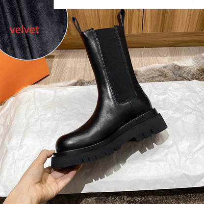 aichashi  -  New Chelsea Boots Women Genuine Leather Luxury Design Chunky Platform Boots Non-slip Thick Bottom Mid-calf Boots for Women