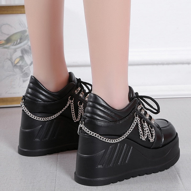 Aichashi Metal Chain Punk Gothic Shoes Woman Thick Bottom High Wedge Sneakers for Women New Black Chunky Platform Y2K Uniform Shoes