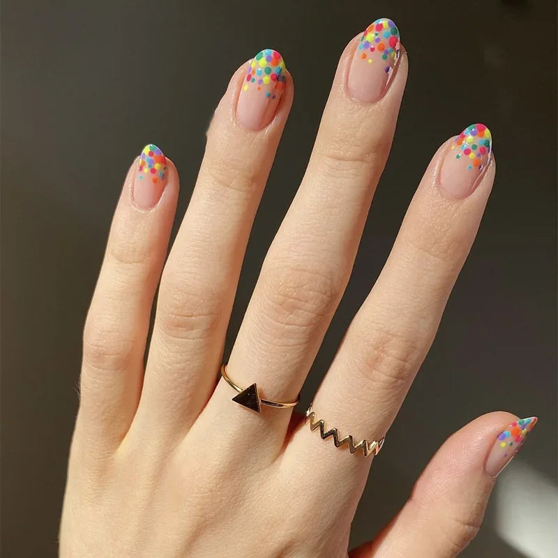 24Pcs Colorful Flowers Design False Nails with Glue Summer Almond Round Fake Nails Wearable Press on Nails Full Cover Nail Tips