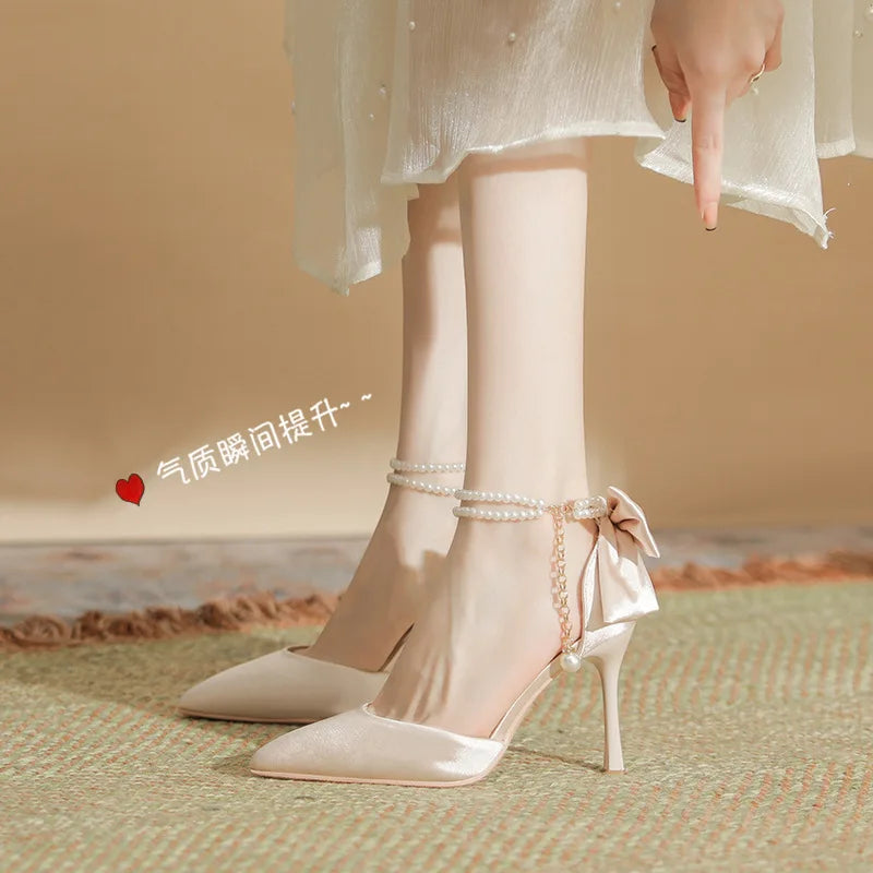 aichashi  -  Slimming Shoes Casual Heels Shallow Mouth Sandals Ladies Pointed Pumps Hollow 2024 All-Match Comfortable Beige African Bow Toe S