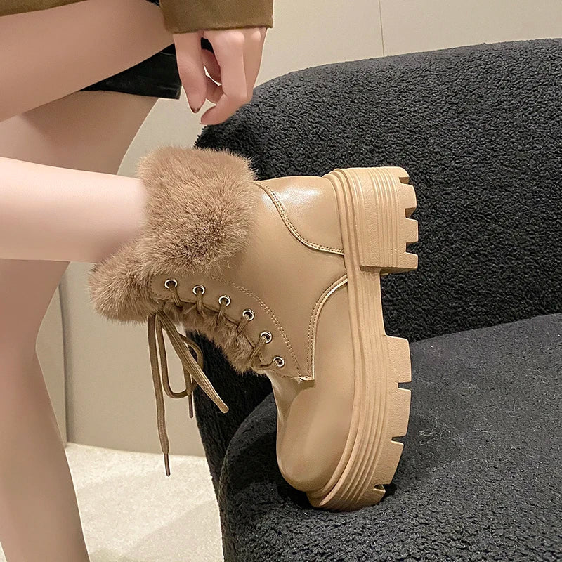 aichashi  -  Winter Fluffy Fur Women Snow Boots Fashion Lace Up Short Booties Comfort Thick Heels Ladies Shoes