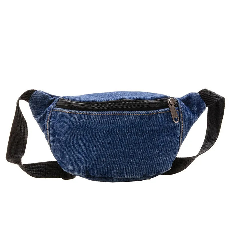 Aichashi Children's Denim Waist Bag Solid Fashion Zipped Kids Waist Pack Casual Outdoor Sport Bodycross Bag Kids Accessories