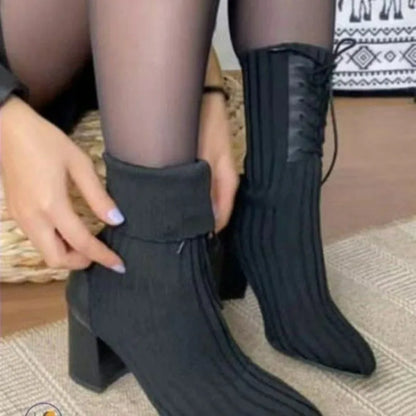 aichashi  -  Pointed Chunky Heel Boots Black Surname High Lace-up Knit Sock Boots Plus Size 43 Non-slip Banquet Boots Thigh High