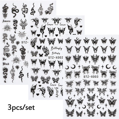 3pcs Laser Butterfly Stickers For Nails Holographic Snake Dragon Heart Star Moon Adhesive Sliders 3D Nail Art Decal Decoration