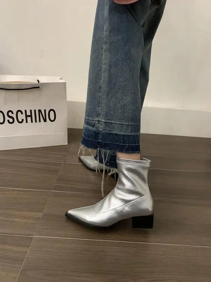 Aichashi Boots Women New Shoes Luxury Designer silver  Ankle Fashion Pointy Med Ladies Rubber Autumn Rome Hoof Heels Flock Solid Sli