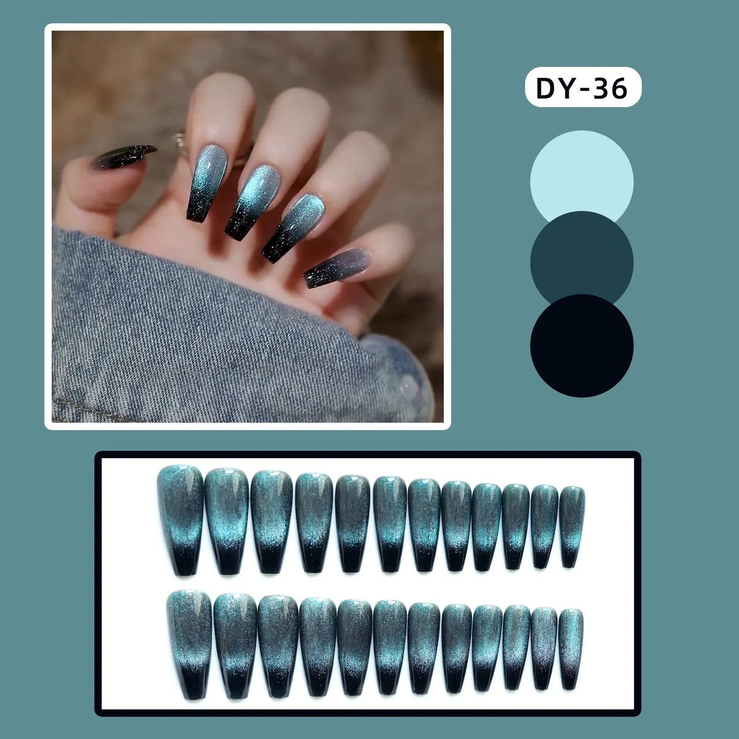 Aichashi 24pcs Cat Eye False Nail Deep Blue Color Fake Nail Tips Full Cover Nail Art Long Coffin Ballet Press on Nail Manicure Nail Tips