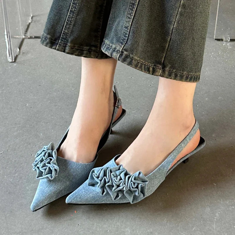 aichashi  -  Women Pumps Fashion Flower Pointed Toe Buckle Strap Ladies Slingback Sandals Low Thin Heels Mules Shoes Zapatos De Mujer