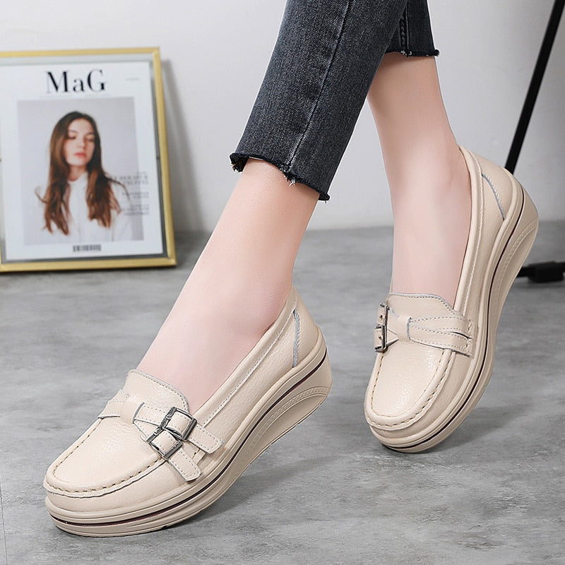 Aichashi New Spring Autumn Women Flats Platform Loafers Ladies Leather Comfort Wedge Moccasins Orthopedic Slip On Casual Shoes 35-42