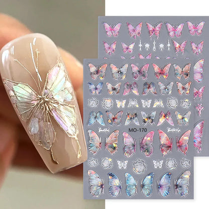 Aichashi Acrylic Engraved Butterfly Nail Manicure Sticker Holographic Crystal Fairy Rose Flowers Adhesive Decals Charm Spring Foils Wraps