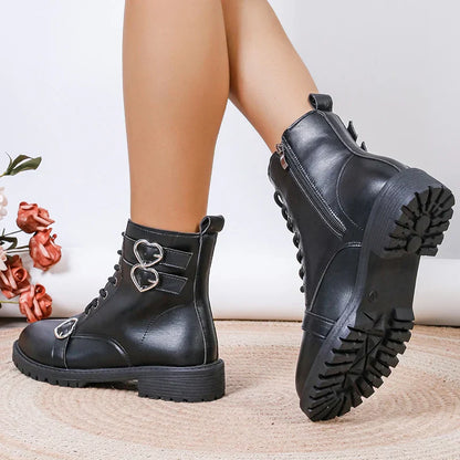 Aichashi Black PU Leather Ankle Boots for Women 2024 Autumn Fashion Lace Up Size Zipper Short Boots Woman Metal Decor Low Heels Booties