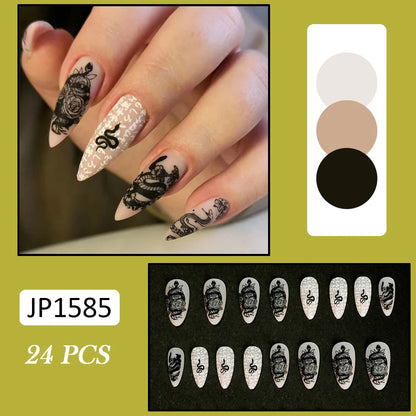 24pcs false nails matte Green Nails Patch with glue Removable Long Paragraph Fashion Manicure press on Nail tips