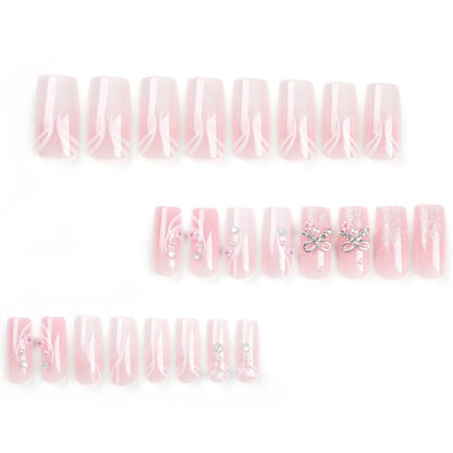 Black Lines White Beveled Edge French Long Square Fake Nails Fashion Detachable Finished False Nails Press on Nails with Glue