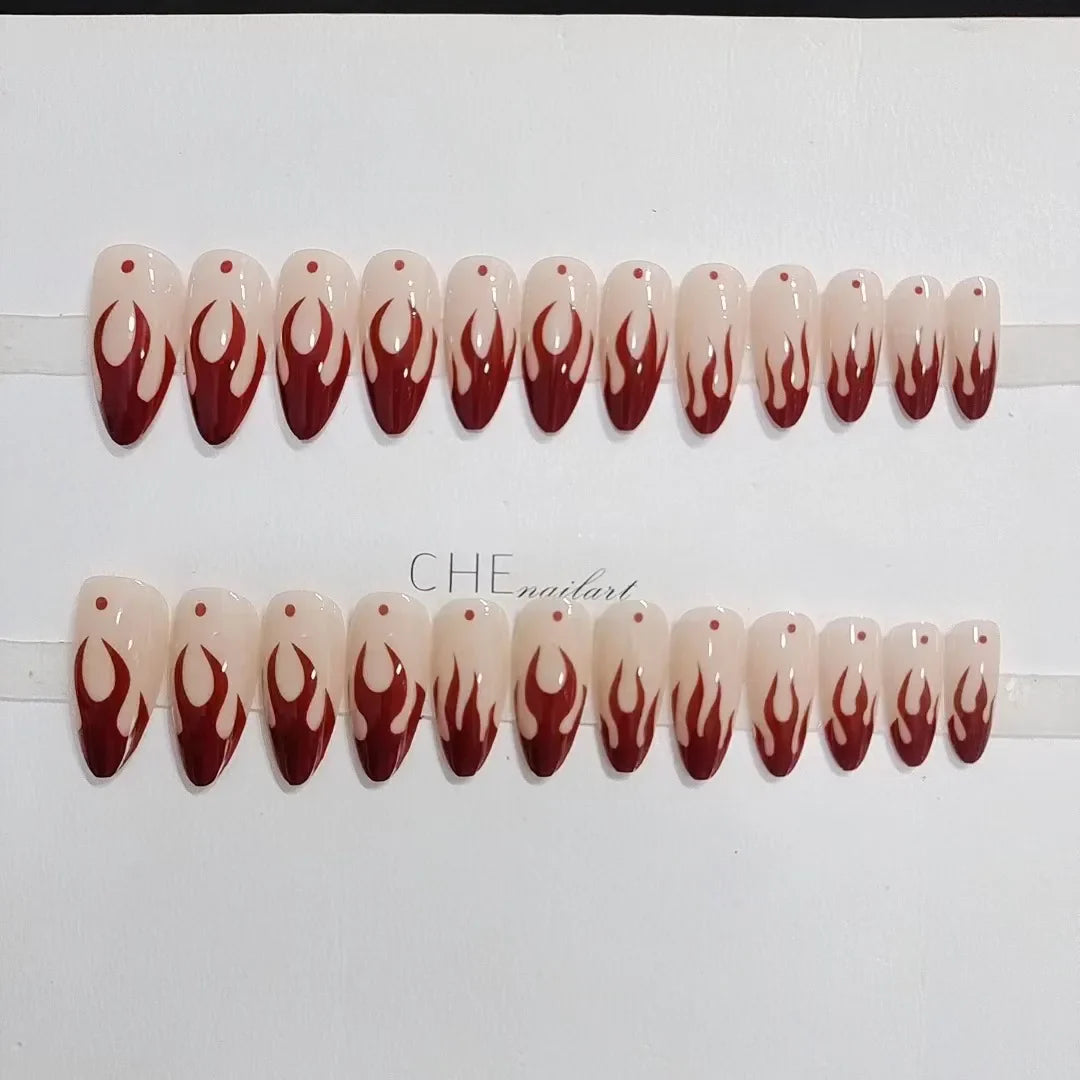 Aichashi Goth Y2k Red Flame Long Fake Nails Almond Shape Simple French Decor Ins Style False Nails For Girl Press On Artificial Nail Tips