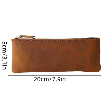 Aichashi BACK TO SCHOOL Vintage Genuine Leather Zippered Pencil Case Cowhide Stationery Organizer Pen Holder Writing Utensil Pouch Travel Accessory Bag