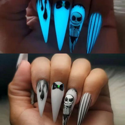 Aichashi New Halloween Fake Nails Patch Black Almond/Coffin Head Artificial Nail Tips Pumpkin Spider Ghost Printed Press on Nail for Girl