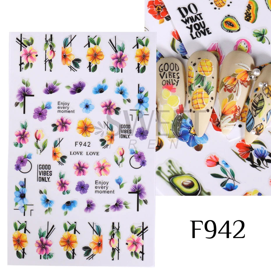 5D Yellow Sunflower Embossed Nail Sticker Acrylic Flower Leaf Bee Butterfly Summer Engrave Gel Polish Manicure Slider Decoration