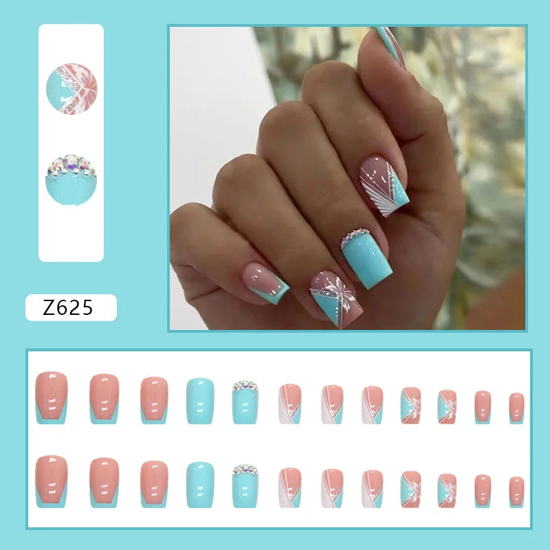 24Pcs/Set Medium Long French Wear False Nails Art Blue Wave Press on Acrylic Nail Tips Hot Fake Nails Collection Stick on Nails