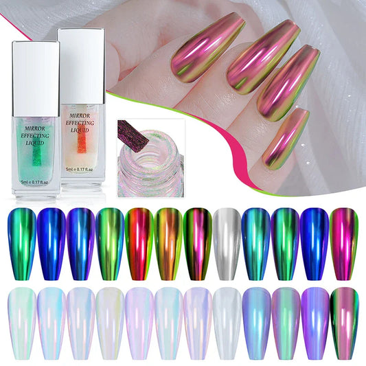 5ml Magic Chrome Liquid Aurora Powder Metallic Mirror Effect Nail Polish Function Top Coat Can Be Use on Any Color Nail Design