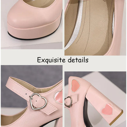 aichashi  -  Sexy Heart Shaped Women Super High Heels Pumps Spring Autumn Round Toe Platform Buckle Strap Shallow Mary Jane Shoes White Pink