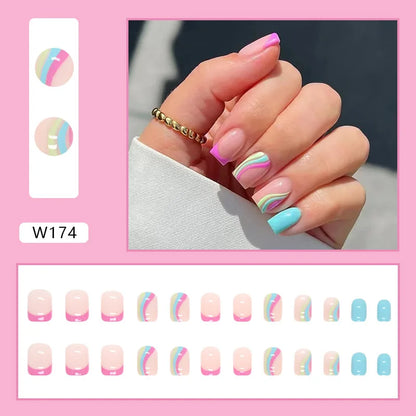 24Pcs/Set Medium Long French Wear False Nails Art Blue Wave Press on Acrylic Nail Tips Hot Fake Nails Collection Stick on Nails