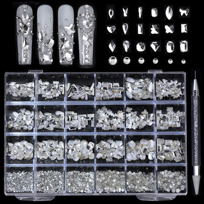 24grids Mixed Shapes Jewelry Luxury Shiny Diamond For Nail Art Decorations DIY Glass Crystal Set with Dot Drill Pen