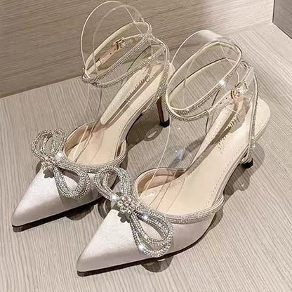 Aichashi Fashion Women's High Heel Sandals Rhinestone Woman Pump Crystal Bowknot Ankle Strap Ladies Prom Shoes Women Female Footwear