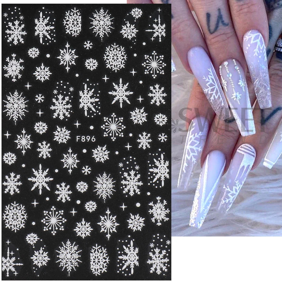 Aichashi 2pcs White Glitter Snowflakes Nail Stickers Elk Star Heart Sparkly Winter Christmas Adhesive Slider Decal New Year Xmas Manicure