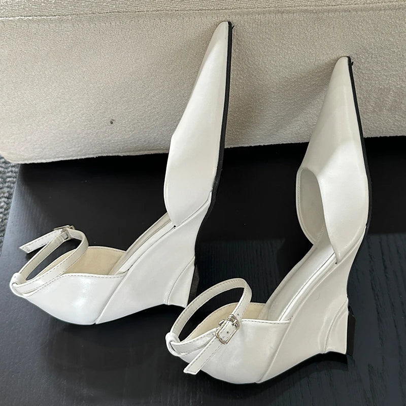 aichashi  -  Fashion Ankle Buckle Wedges Ladies Pumps Heels Shoes Female Pointed Toe Footwear New In Elegant Women Heeled Shoes