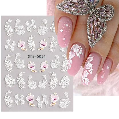 2Pcs 5D Acrylic Lace Flowers Nail Stickers Decals White Wedding Design Simple Floral Embossed Sliders DIY Nails Accesories