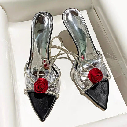 aichashi  -  Flower Designer High Heels Brand Slingback Pumps Woman Sexy Party Dress Transparent Crystal Luxury Rose Flowers Sandals Female