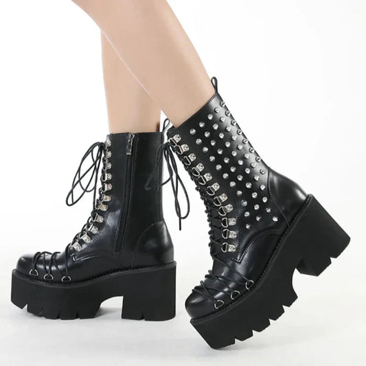 Aichashi Handmade Women Motorcycle Punk Boots Mori Girl Lady Lolita Boots Woman High Top Boots Platform Fahion Rivets Goth Dark